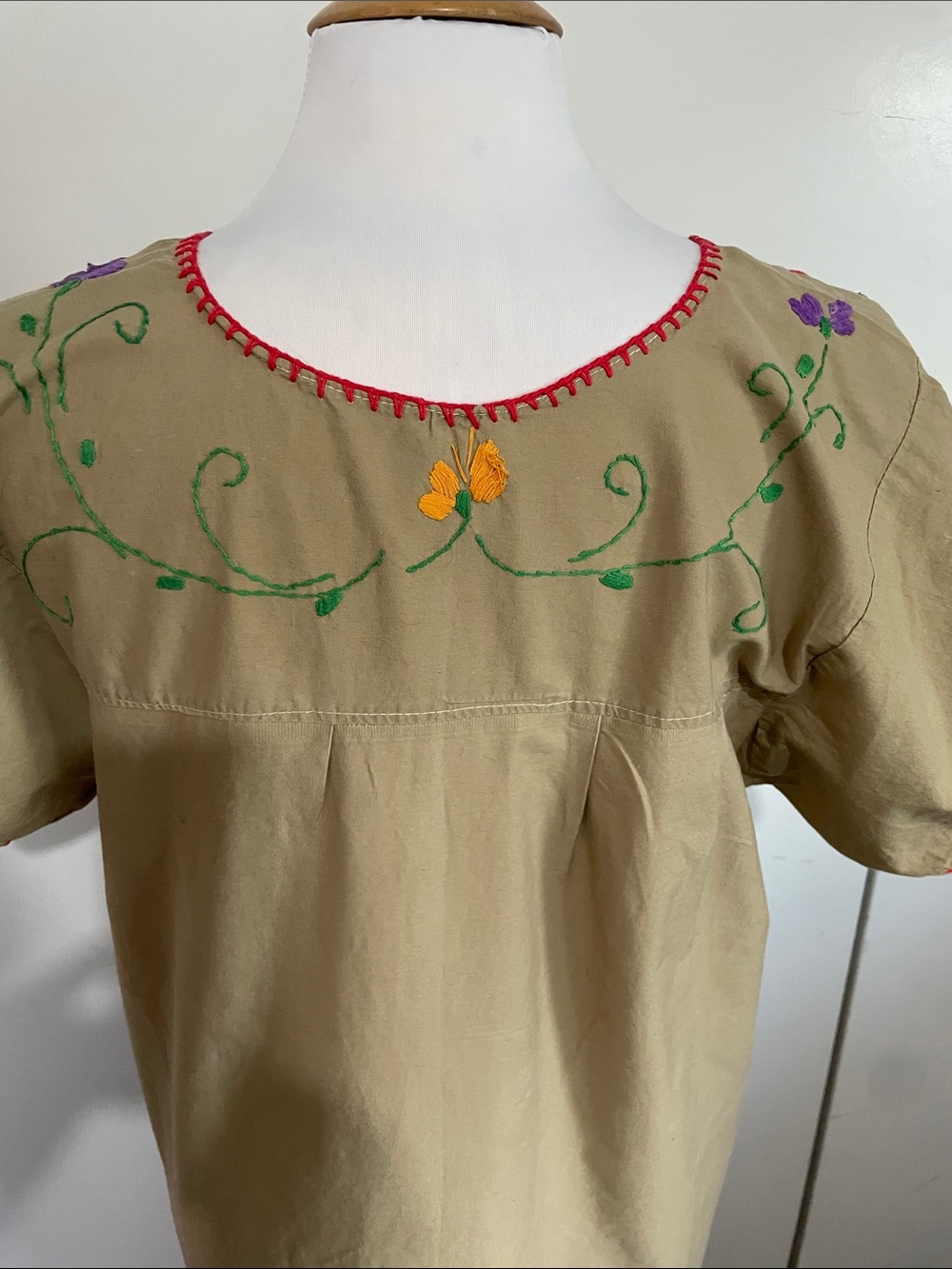 Vintage Hand Embroidered Khaki Mexican Puebla Maxi Dress - Picture 8 of 12